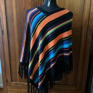 Black Striped V Neck Fringe Knit Poncho